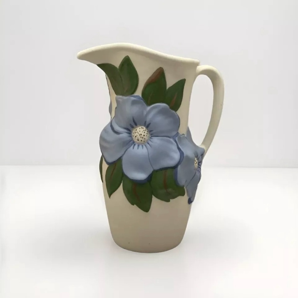 Vintage Holland Mold Blue Flower Pitcher Vase Magnolia Hibiscus Dogwood 1970s